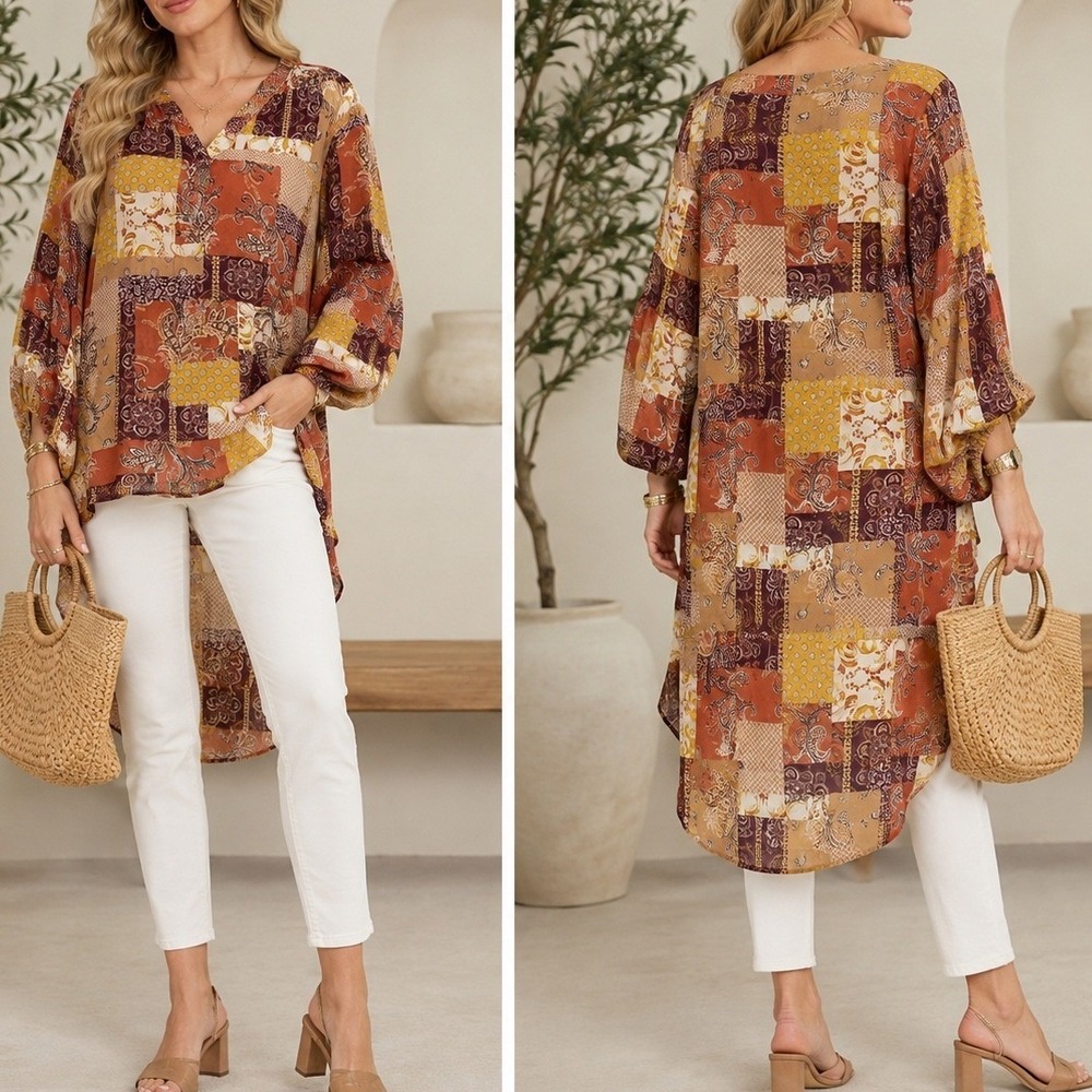 Cato Large Tunic Top Orange Patchwork Paisley High Low Balloon Sleeve Women